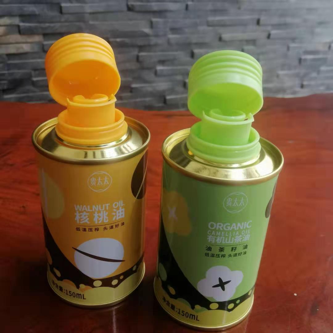 個(gè)性化茶油鐵罐，湖南山茶油圓形鐵瓶定制